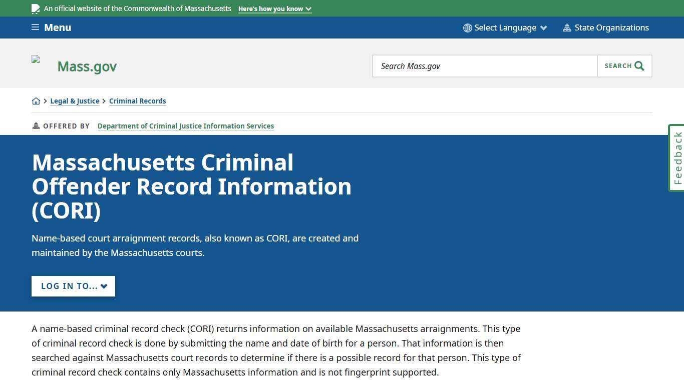 Massachusetts Criminal Offender Record Information (CORI) | Mass.gov
